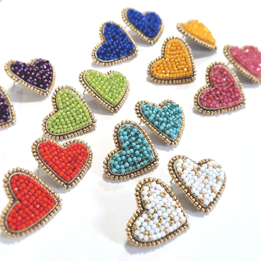 colourful hand beaded stud heart earrings. handmade jewellery in ireland