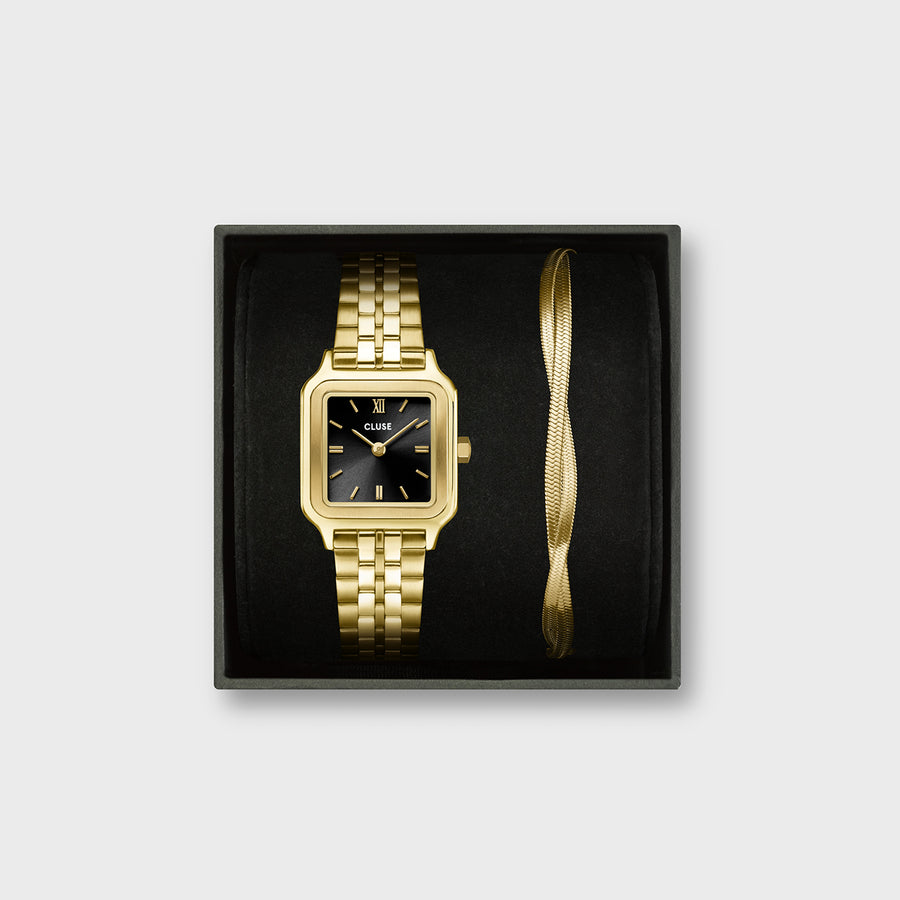 Gift Box Gracieuse Petite Watch Steel, Black & Twisted Snake Bracelet, Gold Colour CG11802