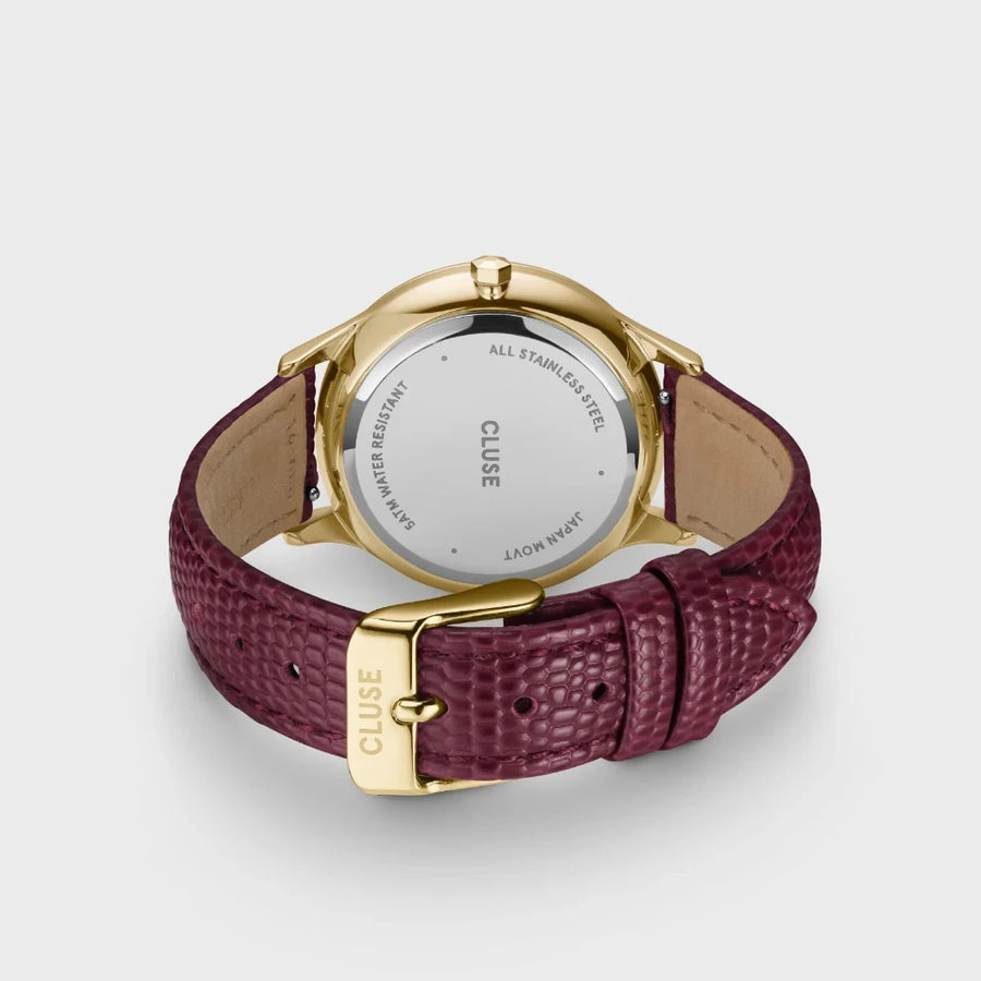 Minuit Multifunction Watch Leather, Dark Cherry Lizard, Gold Colour CW10706