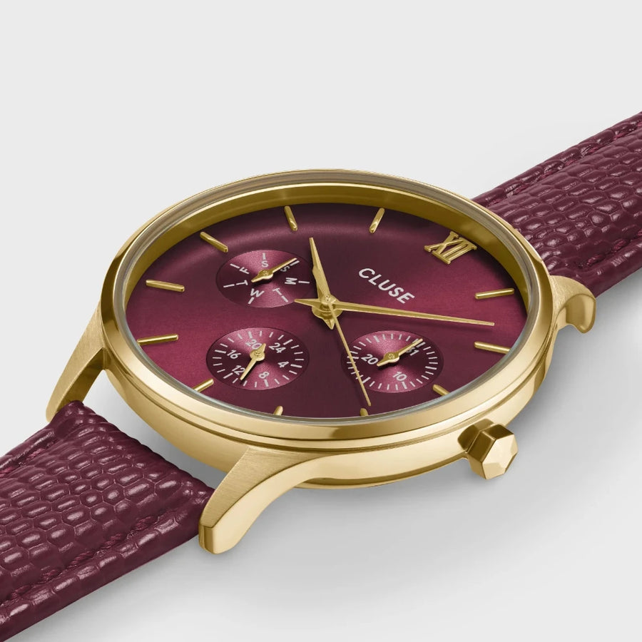 Minuit Multifunction Watch Leather, Dark Cherry Lizard, Gold Colour CW10706