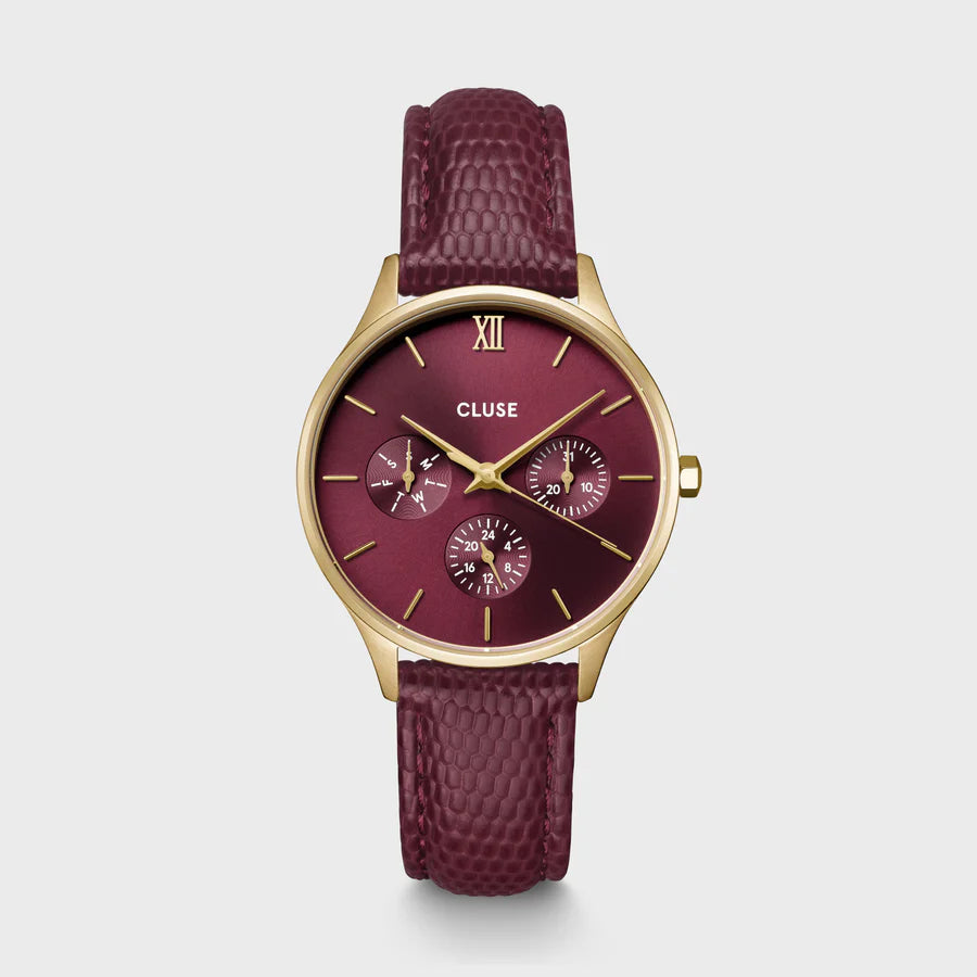 Minuit Multifunction Watch Leather, Dark Cherry Lizard, Gold Colour CW10706