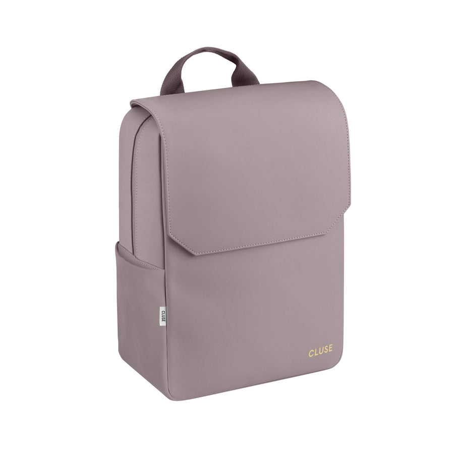 the front of a light purple water resistant backpack on a white background 