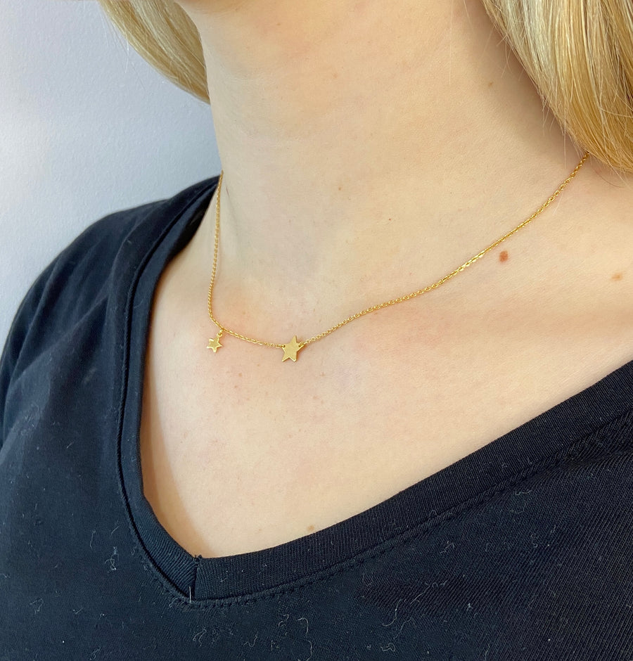 two star necklace; 9ct gold necklace; delicate waterproof jewellery