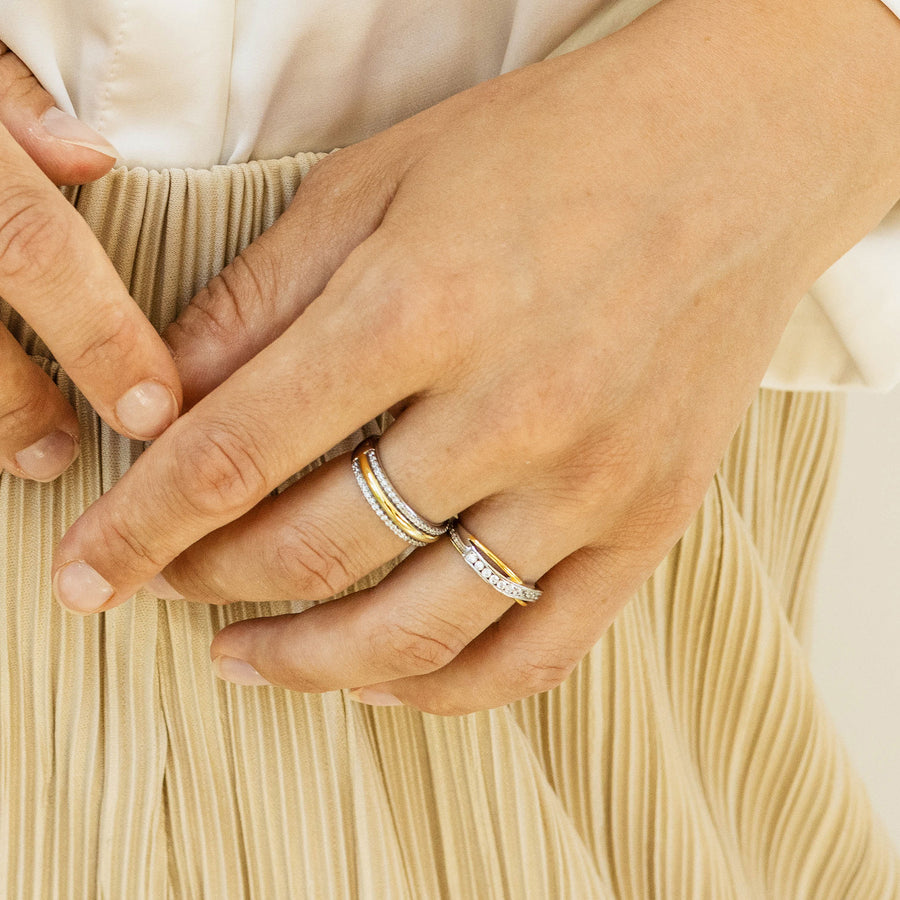 Shimmering Bold Band CZ Stone Ring. 925 Sterling Silver and 18ct Gold Plated