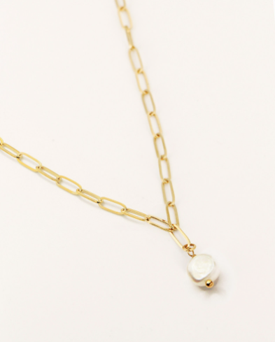 chain link pearl neckace. fresh water pearl 24k gold plated