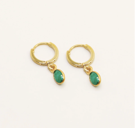 everyday semi precious stone hoop drop earrings. 24k gold plated.