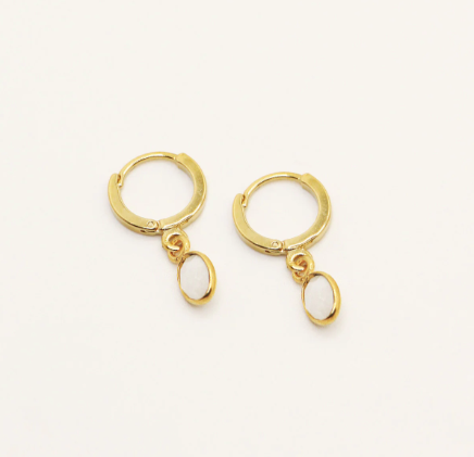 everyday semi precious stone hoop drop earrings. 24k gold plated.