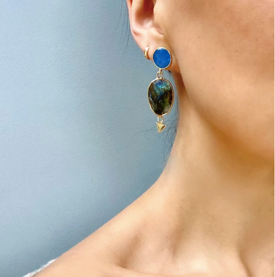 blue multicolour semi-precious stone earrings. handmade jewellery in ireland