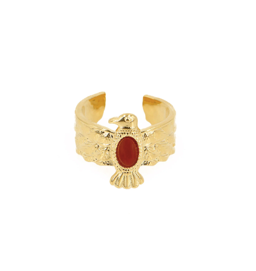 semi precious stone bird ring. 4k gold plated.