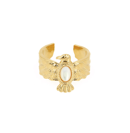 semi precious stone bird ring. 4k gold plated.