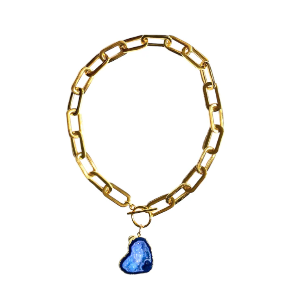 Blue Oval Chain T-Bar Necklace