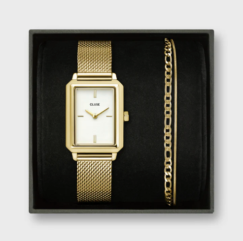 Gift Box Fluette Mesh White Watch and Double Chain Bracelet, Gold Colour CG11505