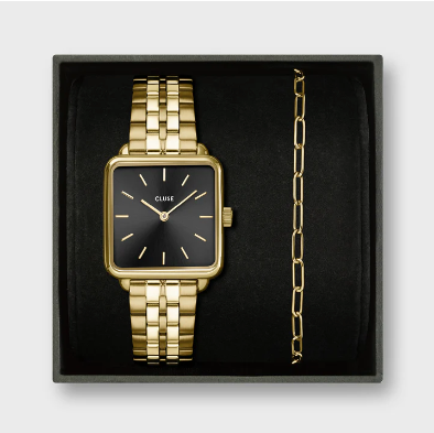 Gift Box La Tétragone Black Steel Watch & Paperclip Chain Bracelet, Gold Colour CG10325