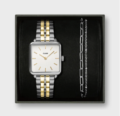 Gift Box La Tétragone Steel Watch, Bicolour & Double Chain Bracelet, Silver Colour CG10326