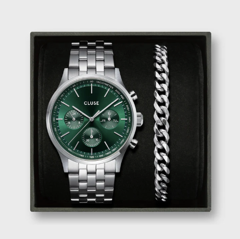 Giftbox Anthéor Multifunction Steel Watch Green & Cuban Chain Bracelet CG20906