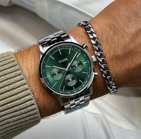 Giftbox Anthéor Multifunction Steel Watch Green & Cuban Chain Bracelet CG20906