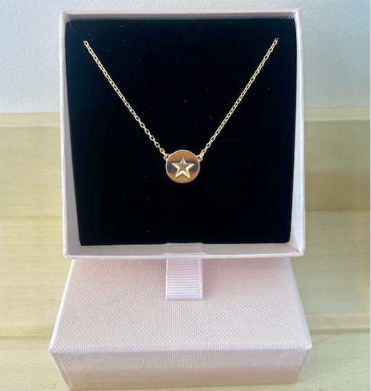 a 9ct gold star disc necklace inside a pink  jewellery box