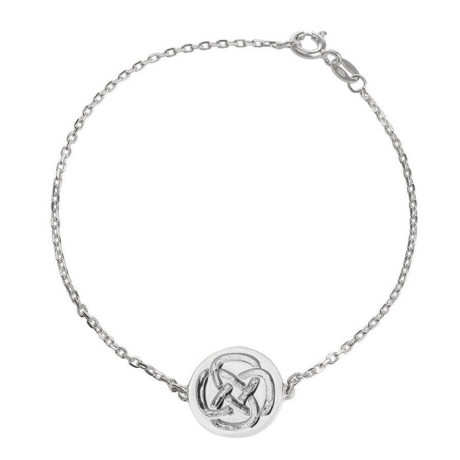 Sterling silver dara knot bracelet symbolising strength on a white background